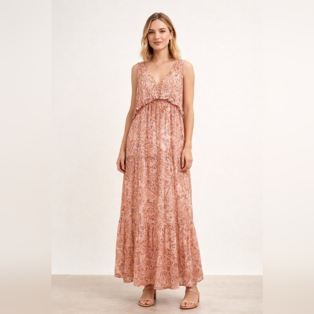 Rachel Zoe Pink Paisley Maxi Dress Women SZ Medium Sleeveless Boho Tiered Cotton